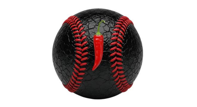 Black baseball with vivid red stitching and a fiery red chili pepper, isolated on white & transparent background, perfect for intense game day promotions, spicy food marketing,