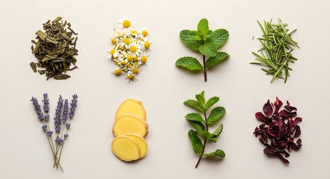 4k, A neat arrangement of various dried herbs, spices, and edible flowers displayed in rows on a smooth, pale beige background, captured as a flat lay with soft,