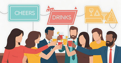Happy Diverse Group Celebrating with a Toast, Business People Cheers with Drinks Illustration, Team Celebration at a Social Event, Friends Toasting with Cocktails.