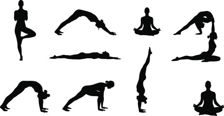 Silhouettes of women performing advanced yoga poses, meditation, balance, flexibility, strength, mindfulness, wellness, fitness, stretching, healthy lifestyle, calming exercises
