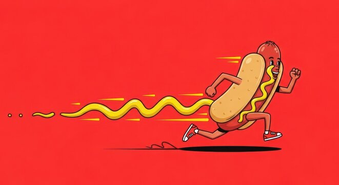 Cartoon hotdog character running fast with mustard trail on a red background