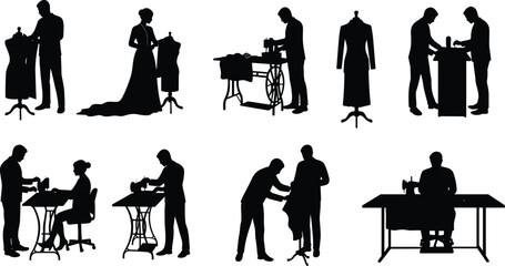 Tailor and seamstress silhouette vector illustration working with mannequins, sewing machines, fabric, and designing clothes in workshop scene.