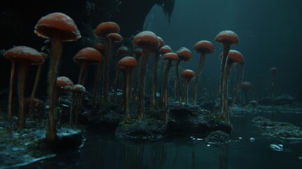Mystical Mushroom Grove: A Glimpse into an Enchanted World with Fungi Illuminated in Darkness