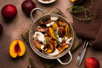 Salad with Caramelized Peaches, Burrata, Pecans, Thyme, and Honey