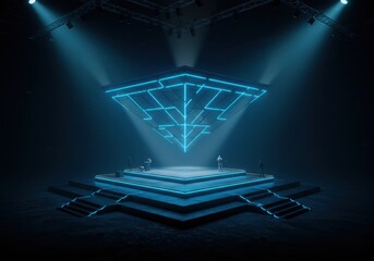 Futuristic holographic display stage with intense blue spotlights and geometric light patterns