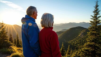 Elderly couple enjoying a breathtaking mountain landscape at sunrise, symbolizing companionship and appreciation for nature's beauty