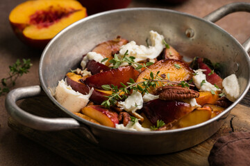 Salad with Caramelized Peaches, Burrata, Pecans, Thyme, and Honey