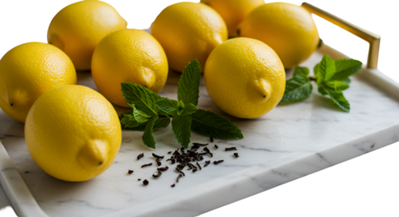 Zesty yellow lemons paired with fresh mint sprigs and loose tea leaves on a sleek marble serving tray creating a bright