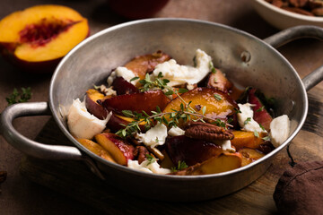 Salad with Caramelized Peaches, Burrata, Pecans, Thyme, and Honey