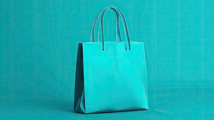 A teal paper shopping bag with slightly textured surface sits on a matching teal background.  The bag has twin handles and subtle metal rivets
