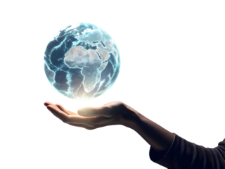 Glowing Blue Holographic Earth Globe Floating Above a Person's Open Palm Against a Black Background isolated on a transparent background