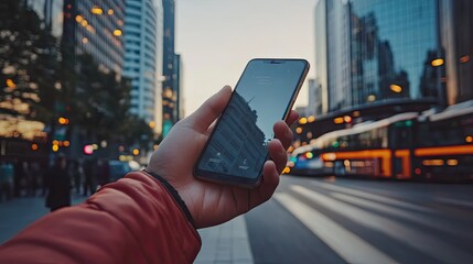 A hand holds a smartphone displaying a building's reflection, amidst a bustling city street at dusk, with blurred buses and pedestrians