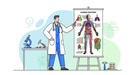 Doctor points to anatomy chart in classroom. Perfect for medical education websites, textbooks, or healthcare presentations.