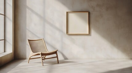 Sunlit room with a light wood chair, a blank framed canvas on a textured beige wall, and a large window casting shadows
