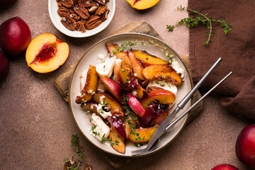 Salad with Caramelized Peaches, Burrata, Pecans, Thyme, and Honey