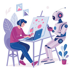 Vector art of a woman and a robot are collaborating on a painting with a laptop, showcasing the future of art and technology