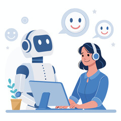 Vector art of a friendly robot and a smiling woman are working together at a desk, providing customer service and support