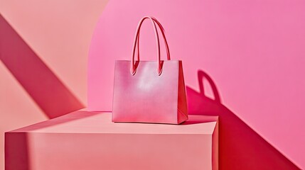 A pale pink leather tote bag sits on a similarly hued cube against a vibrant pink backdrop, illuminated by strong, angled sunlight casting dramatic shadows