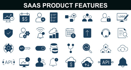 “SaaS Product Features Icon Set – Minimal Silhouettes of Analytics, Cloud, API, Billing, and User Management for Software UI & Startup Branding”