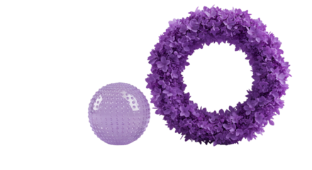 A vibrant purple floral wreath and textured sphere symbolize cyclical beauty and wholeness against a contrasting stark