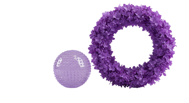 A vibrant purple floral wreath and textured sphere symbolize cyclical beauty and wholeness against a contrasting stark