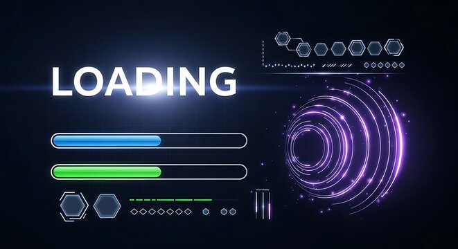 Futuristic loading screen with progress bars and glowing digital interface elements