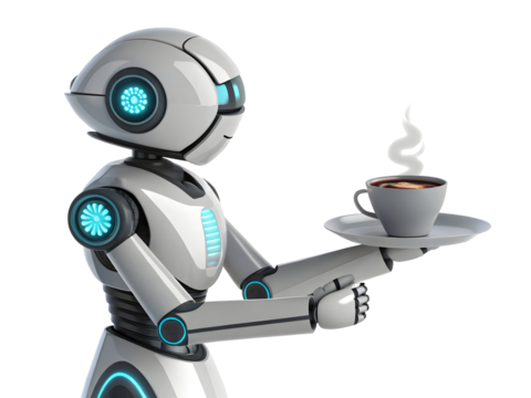 White Robot Assistant Serving a Steaming Cup of Coffee on a Tray Against a Black Background isolated on a transparent background