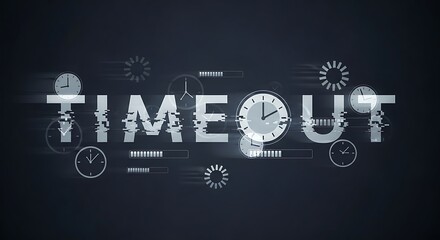 Glitchy "TIME OUT" text with analog clocks and loading bars on dark background, conveying urgency and delay