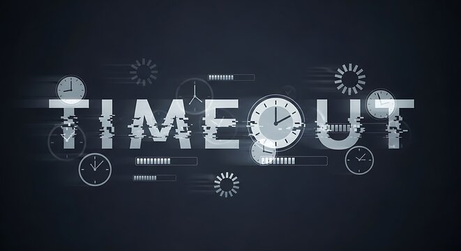 Glitchy "TIME OUT" text with analog clocks and loading bars on dark background, conveying urgency and delay