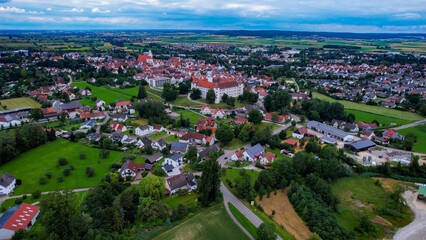 Aerial panorama view of the old town in the city Höchstädt an der Donau in bavaria in Germany on a sunny day in spring