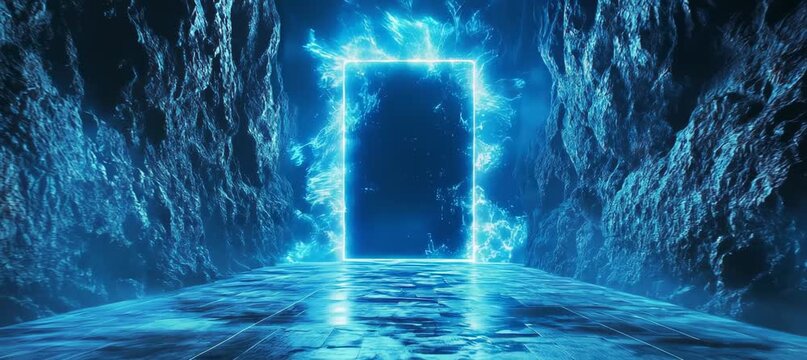 Teleport portal door with blue energy to dark dimension. Generative video AI technology.	
