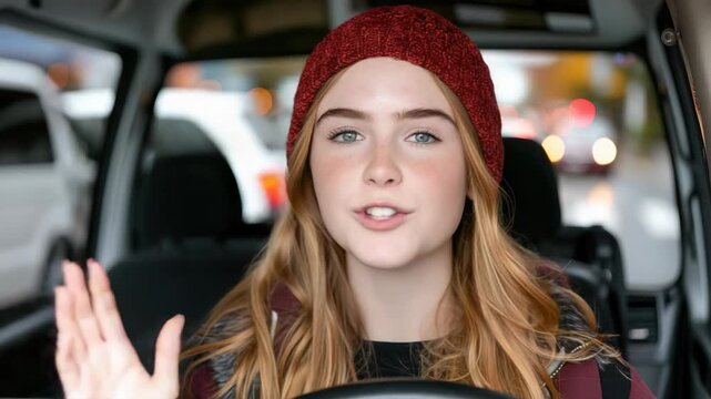 Woman traveler talks in car while enjoying road trip journey in modern lifestyle concept
