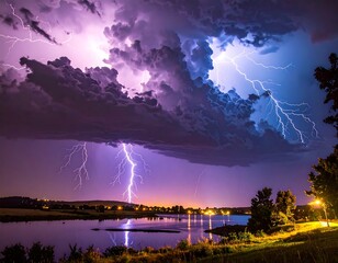 Dramatic night sky with lightning over a lake