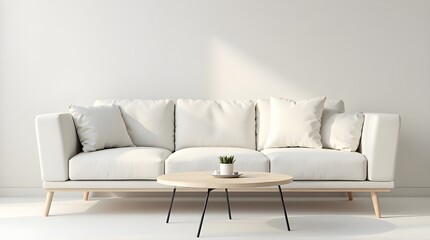 Bright, modern living room features a plush white sofa and minimalist coffee table bathed in soft sunlight.