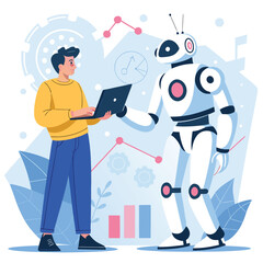Vector art of a man holding a laptop standing next to a robot, discussing technology and artificial intelligence in the future of automation