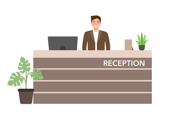 Bank office or hotel reception with receptionist smiling man vector illustration. Reception hall with male receptionist