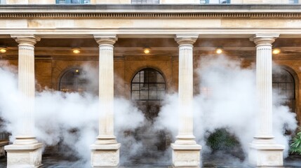 Ethereal atmosphere envelops a classical colonnade with rising vaporous smoke effect creating an