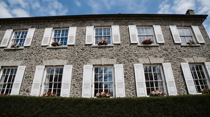 Fototapeta premium stone facade with white-framed windows, flower boxes, and classic architectural detail | architecture, house, building, landmark, exterior theme