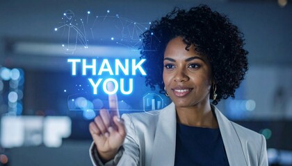 Thank You message, A person interacts with glowing "Thank You" on virtual interface, symbolizing gratitude, appreciation, or acknowledgment in business or personal context. business interactions,