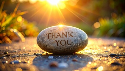 Thank you engraved on a stone resting on a sparkling shimmering surface