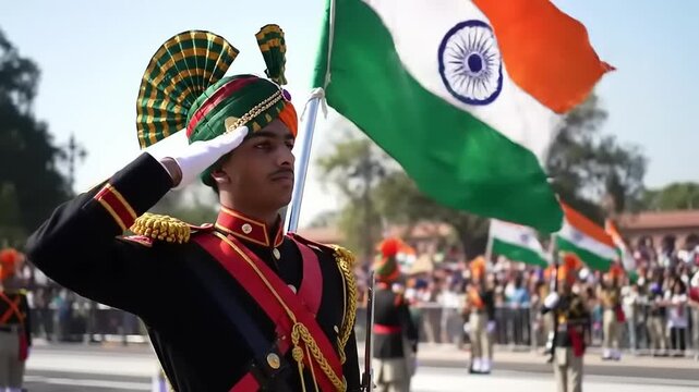 Indian soldier saluting with parade, and flags.