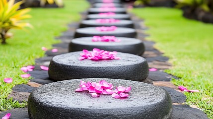 Zen garden path with pink petals offering tranquility and a calming peaceful walkway