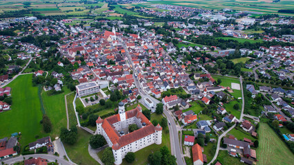 Aerial panorama view of the old town in the city Höchstädt an der Donau in bavaria in Germany on a sunny day in spring