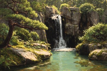Zen Waterfall: Showcase a serene waterfall surrounded by lush greenery, capturing the peaceful flow of water. 
