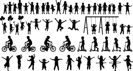 Silhouette Vector Set of Children Playing, Jumping, Biking, Swinging, and Having Fun Outdoors for Family and Activity Designs