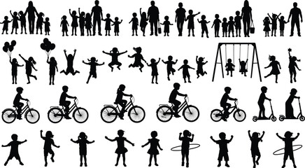Children Playing and Family Silhouettes Vector Set with Kids Biking, Jumping, Swinging, and Active Parents for Outdoor Activity Design