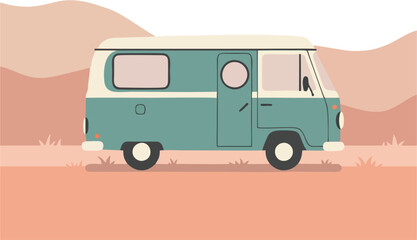 Caravan road trip in desert landscape