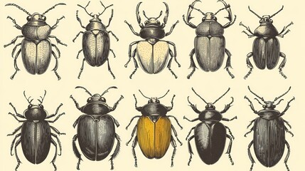 Detailed vintage illustration showcasing a variety of beetle species in intricate lines and