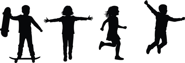kids silhouette illustration, children playing, running, jumping, skateboarding vector icons, black childhood activity shapes, sport fun lifestyle design isolated set