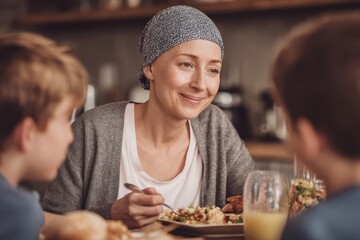 High-res, realistic photo. Happy cancer patient, in her 40s, eating a meal with her children at home. Invoking a sense of peace and support. Warm Tones